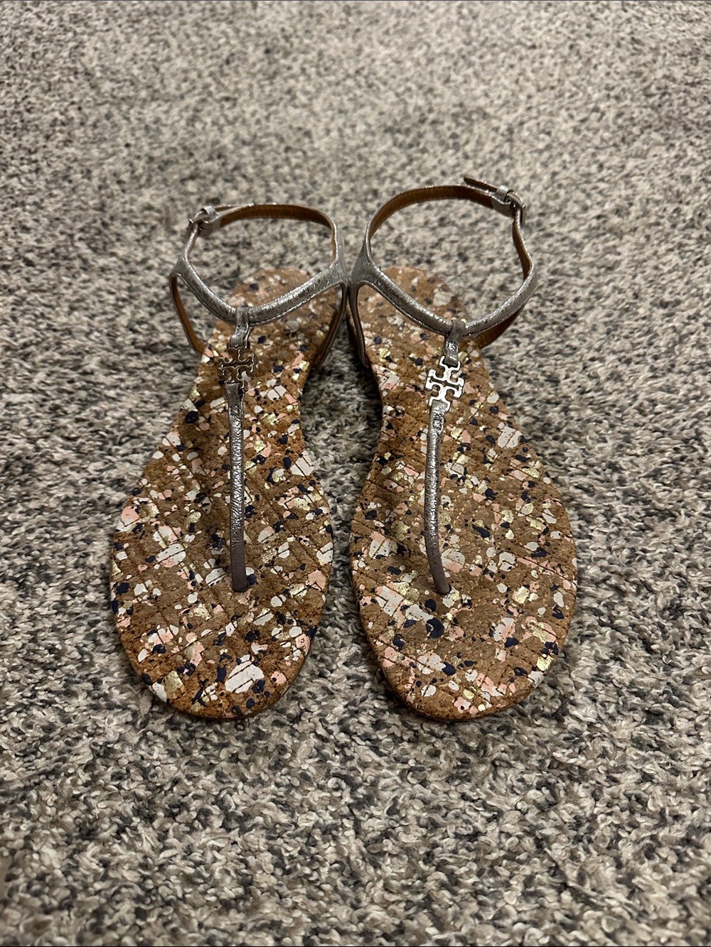 Tory Burch Metallic Silver Cork Mosaic T-Strap Sandals